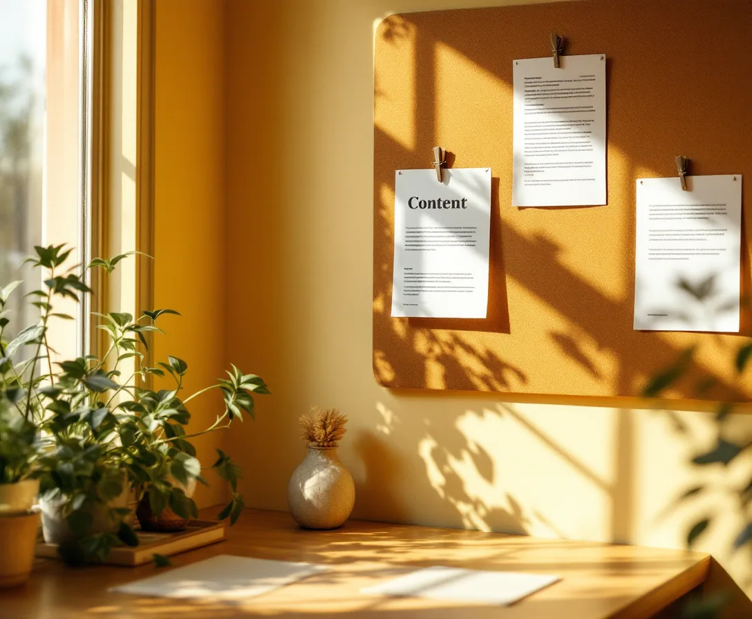 A content studio with pinned article drafts and plants in warm light
